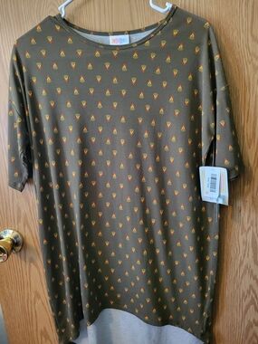 LuLaRoe Irma Olive Green Short Sleeve Tee with Orange & Yellow Motif